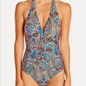 Jantzen Paisley Halter Plunge One Piece Swimsuit